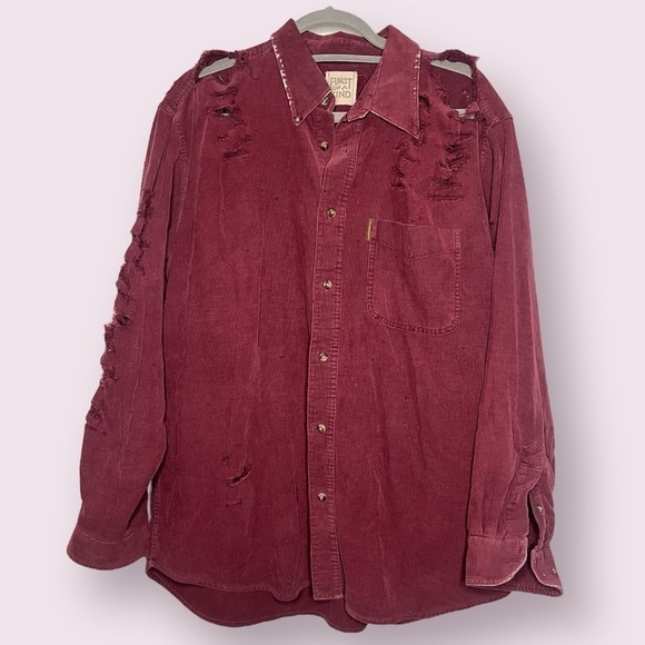 LF Tops - LF Furst Of A Kind Burgundy Ribbed Distressed Flannel Shirt